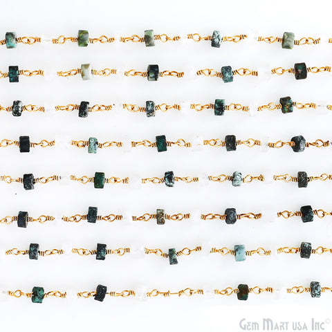 Moonstone & Chrysocolla Tyre Shape 4-5mm Beads Gold Plated Gemstone Beaded Wire Wrapped Rosary Chain