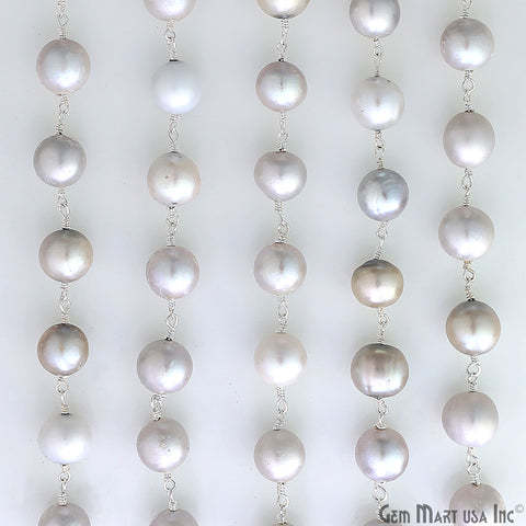 Gray Pearl Cabochon Beads 9-10mm Silver Plated Gemstone Rosary Chain