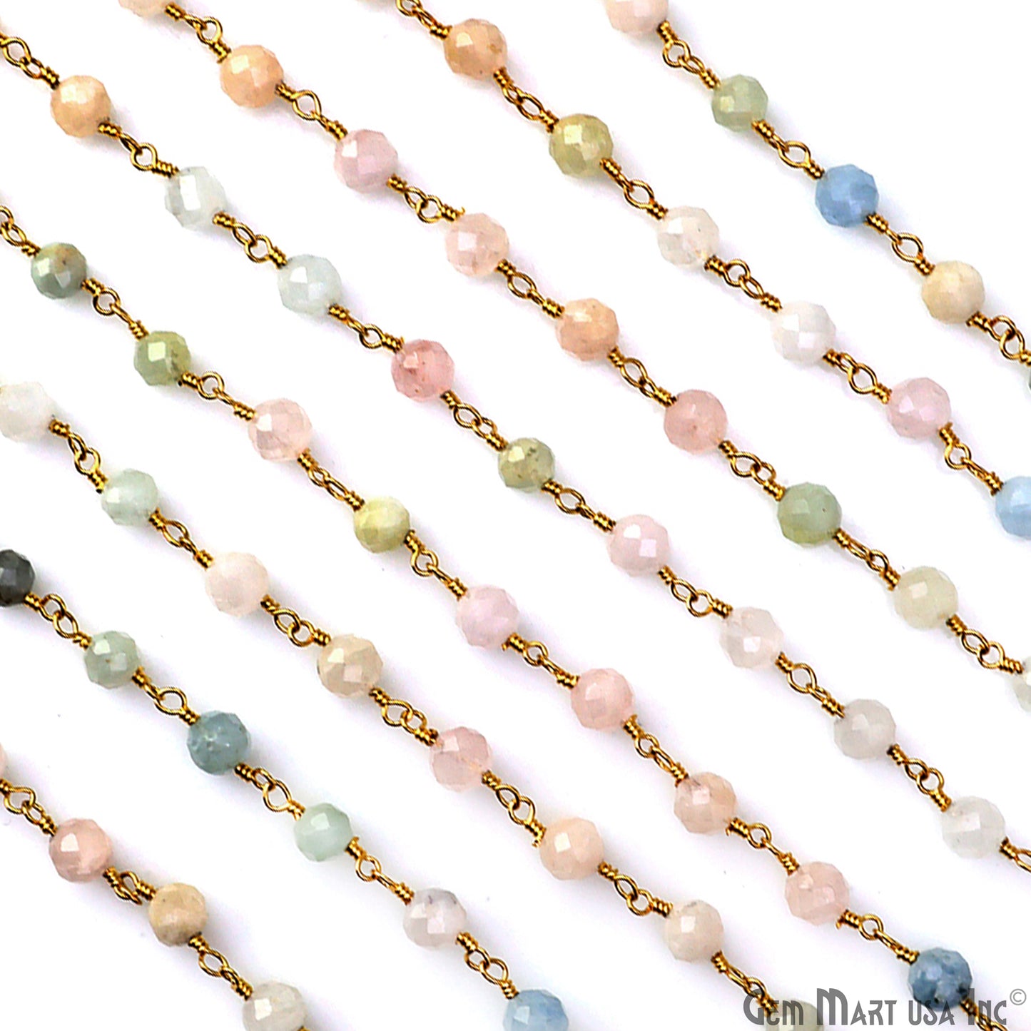 Multi Aquamarine 4mm UP Round Faceted Beads Gold Plated Rosary Chain