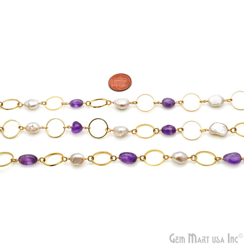 Amethyst & Freshwater Pearl With Gold Round Finding Rosary Chain