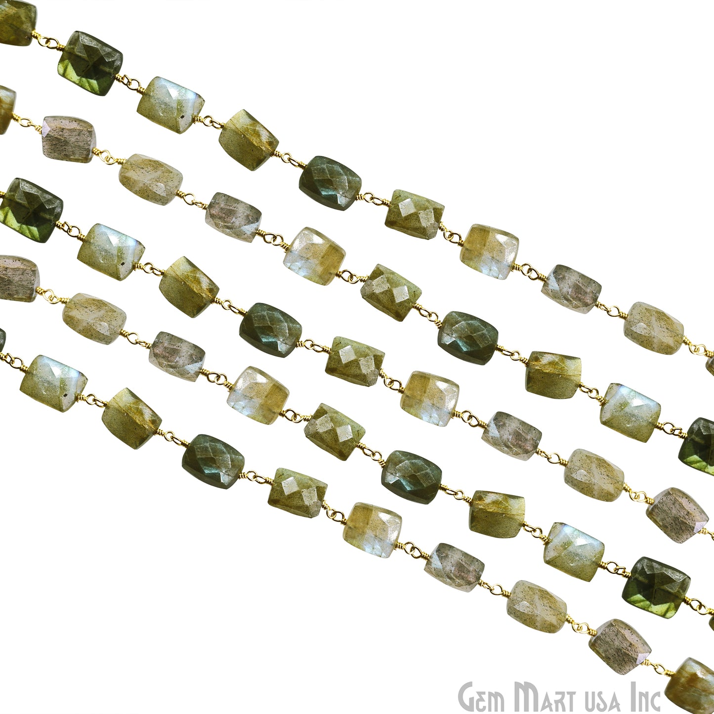 Labradorite Rectangel 7x9mm Beaded Gold Wire Wrapped Rosary Chain