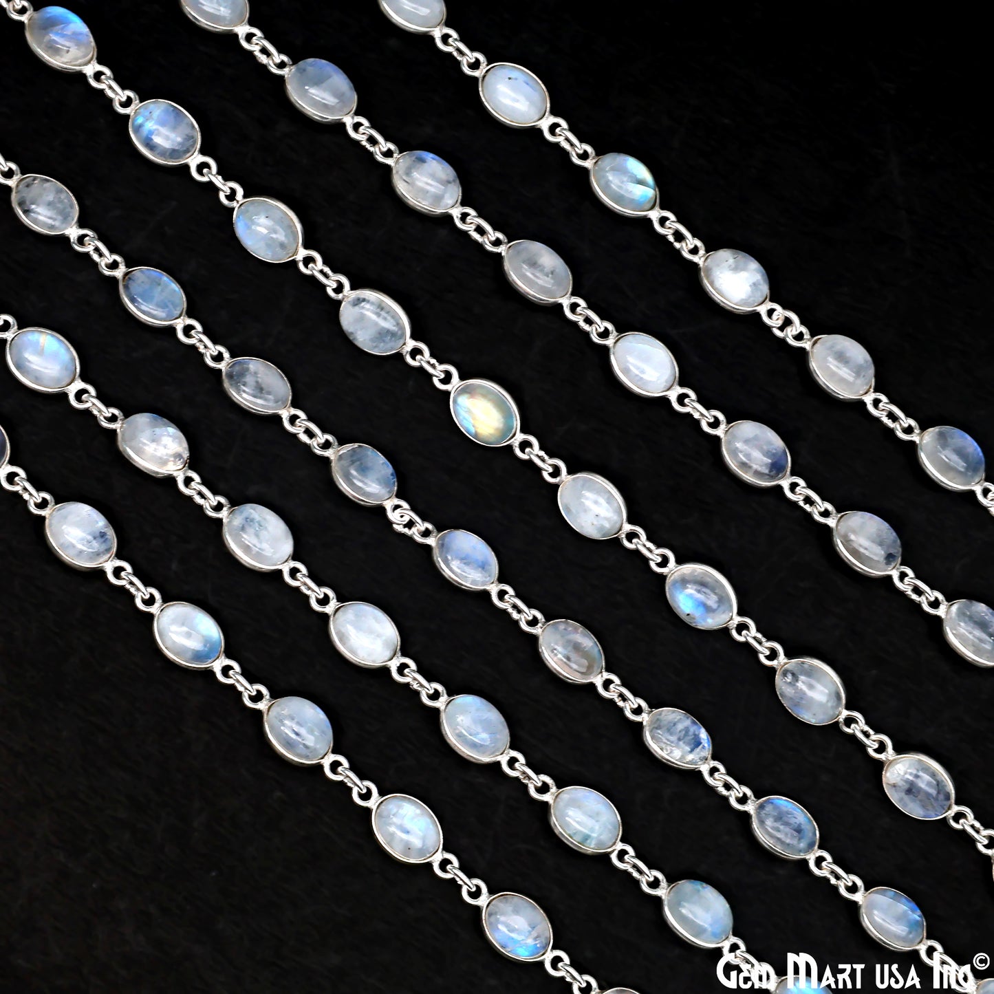 Rainbow Moonstone 6x8mm Oval Silver Bezel Cabochon Continuous Connector Chain