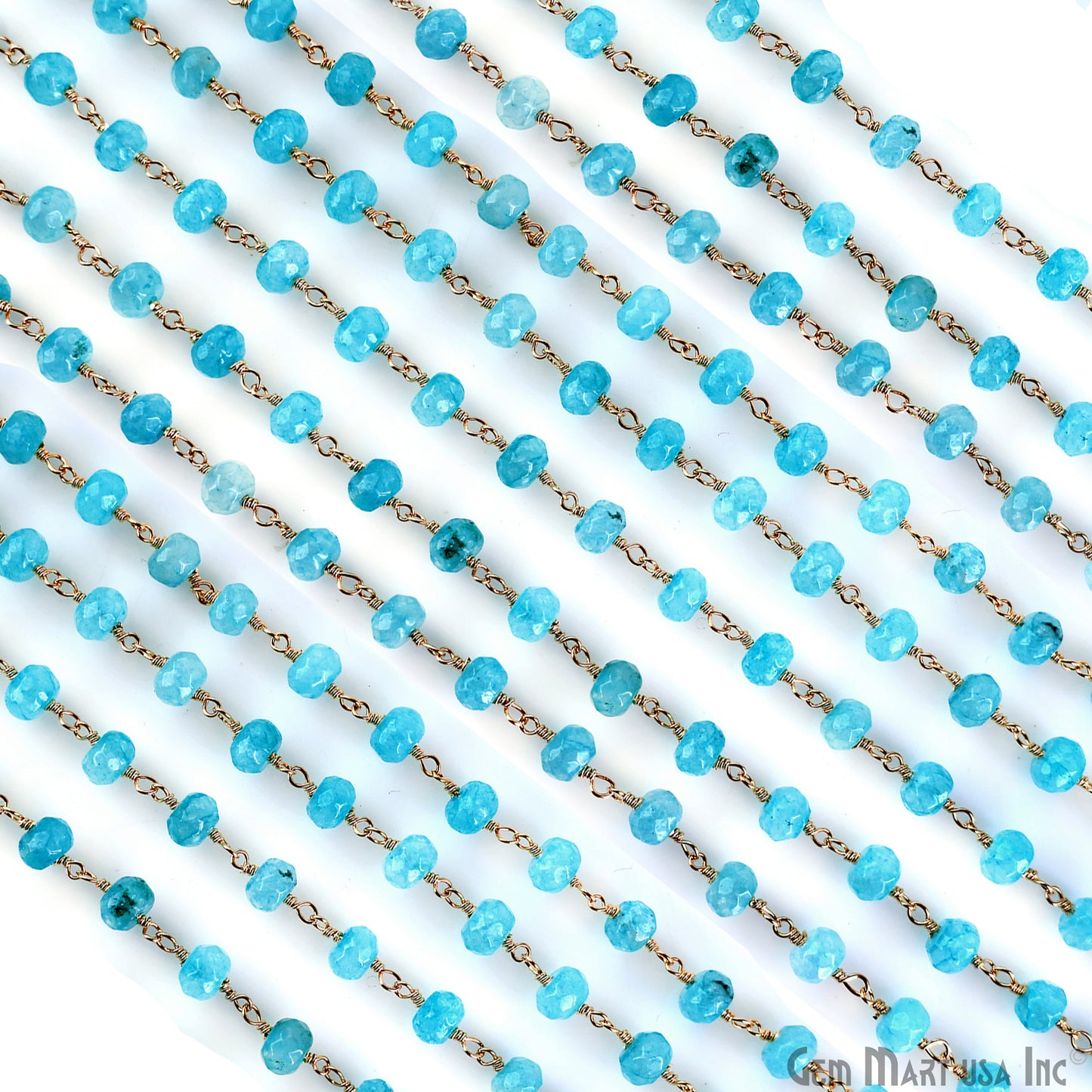 Light Blue Jade 6mm Round Beads Gold Plated Wire Wrapped Rosary Chain