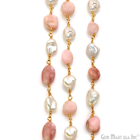 Pink Opal Tumble Beads 8x5mm & Freshwater Pearl 5-6mm Beads Gold Plated Rosary Chain