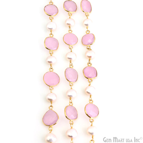 Rose Chalcedony & Pearl Gold Plated Bezel Link Continuous Connector Chain