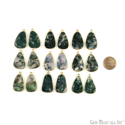 Moss Agate Free Form Gold Plated Single Bail Bezel Smooth Slab Slice Thick Gemstone Connector 30x18mm 1 Pair