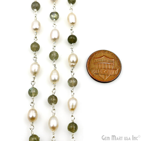 Labradorite Cabochon With Freshwater Pearl Oval Silver Wire Wrapped Rosary Chain