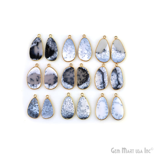 Dendrite Opal Pears Gold Plated Single Bail Bezel Smooth Slab Slice Thick Gemstone Connector 30x15mm 1 Pair