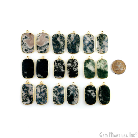 Moss Agate Octagon Gold Plated Single Bail Bezel Smooth Slab Slice Thick Gemstone Connector 30x17mm 1 Pair