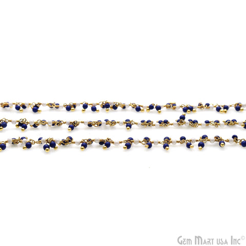 Lapis & Freshwater Pearl Faceted Beads 2-2.5mm Gold Wire Wrapped Cluster Rosary Chain