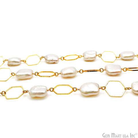 Freshwater Pearl With Gold Hexagon Finding Rosary Chain