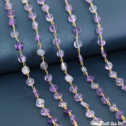 Amethyst Faceted Coin 6-7mm Gold Wire Wrapped Rosary Chain