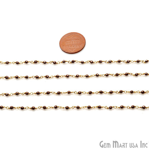Brown Pyrite 2-2.5mm Tiny Beads Gold Plated Wire Wrapped Rosary Chain