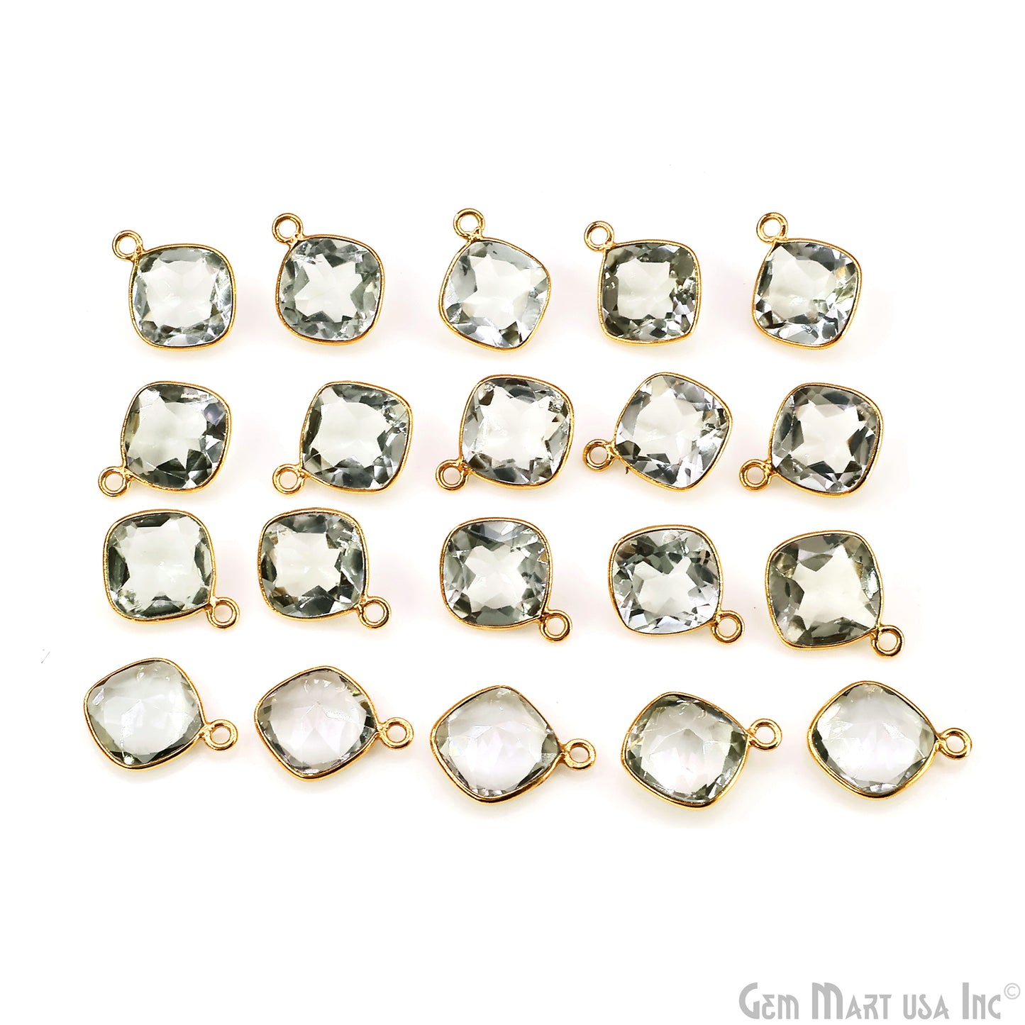 Green Amethyst 10mm Cushion Brilliant Cut Gold Plated Bezel Single Bail Connector