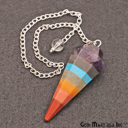 Seven Chakra Crystal Dowsing Pendulum - Natural Gemstone Pendant with Silver Chain