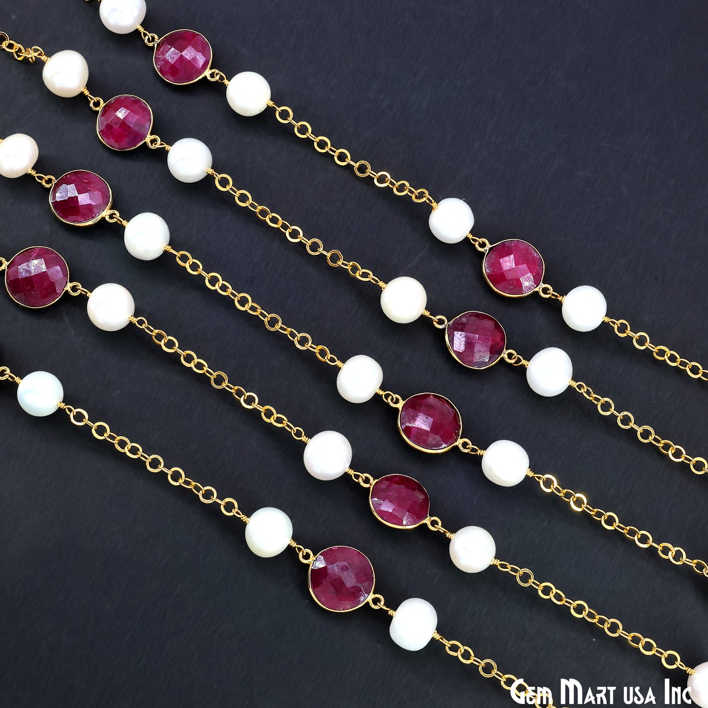 Ruby And Pearl Beads Gold Plated Round Shape Bezel Link Continuous Connector Chain