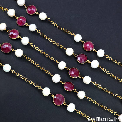 Ruby And Pearl Beads Gold Plated Round Shape Bezel Link Continuous Connector Chain