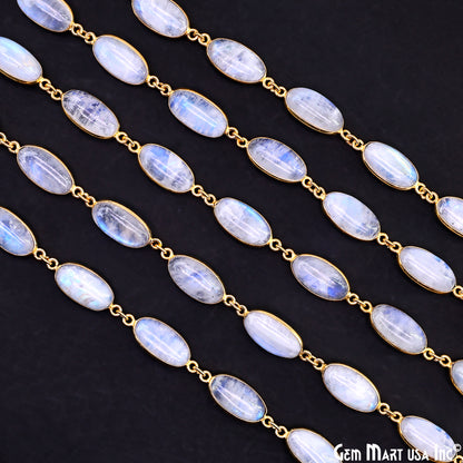 Rainbow Moonstone Cabochon Oval 8x16mm Gold Plated Continuous Connector Chain