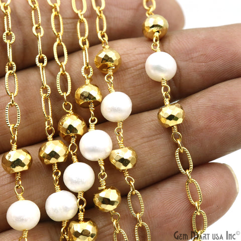 Golden Pyrite & Freshwater Pearl Round Beads Gold Plated Finding Rosary Chain