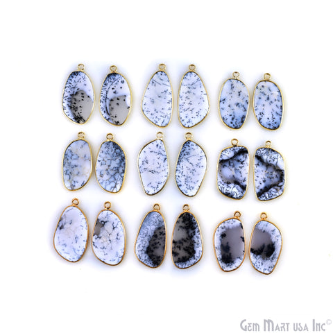 Dendrite Opal Free Form Gold Plated Single Bail Bezel Smooth Slab Slice Thick Gemstone Connector 29x16mm 1 Pair