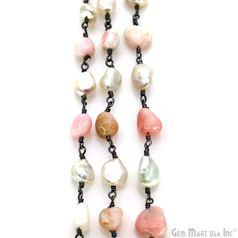 Pink Opal Tumble Beads 8x5mm & Freshwater Pearl 5-6mm Beads Oxidized Rosary Chain