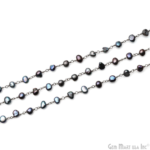 Black Freshwater Pearl Free Form 5-6mm Oxidized Beads Rosary Chain