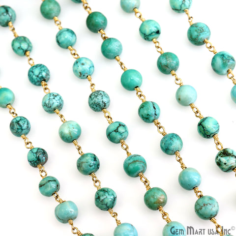 Turquoise Green Cabochon 6-7mm Gold Plated Wire Wrapped Rosary Chain