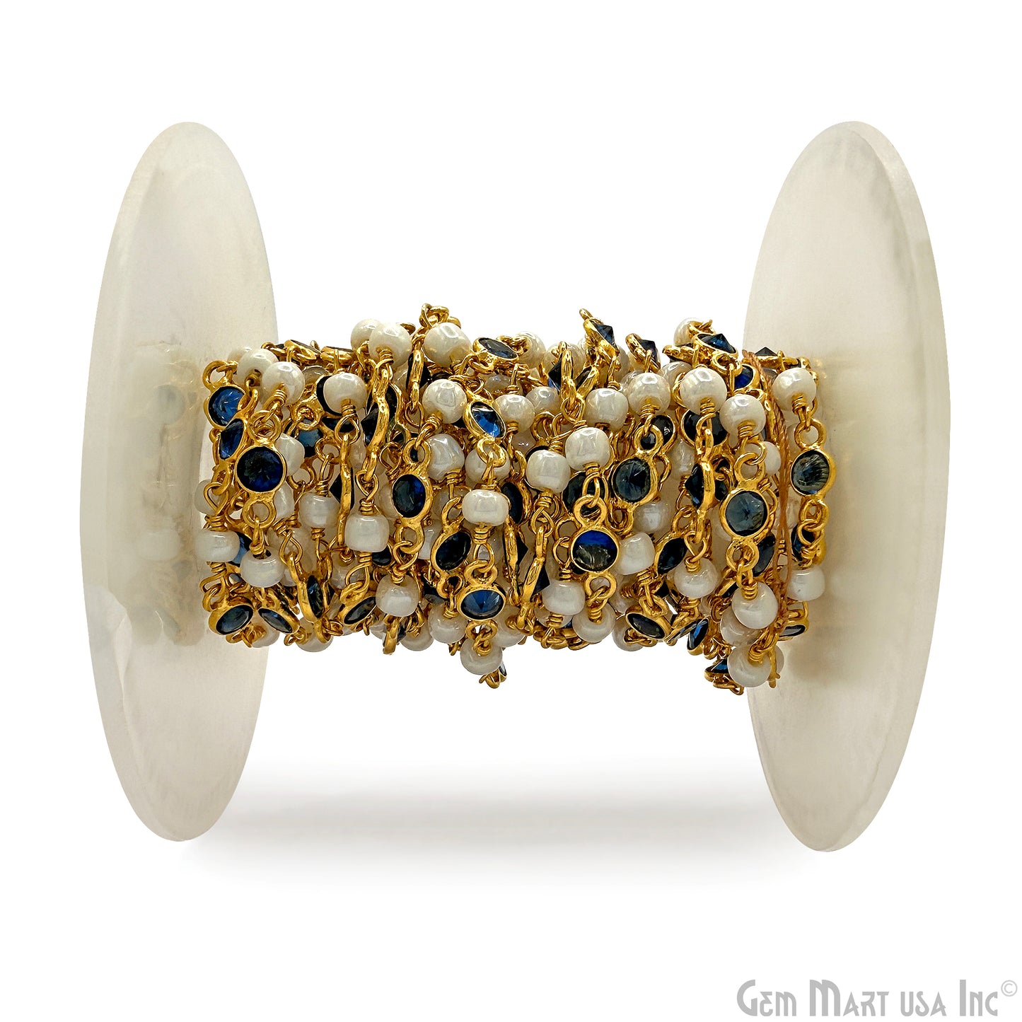 Sapphire & Pearl Beads Gold Plated Round Shape Bezel Link Continuous Connector Chain