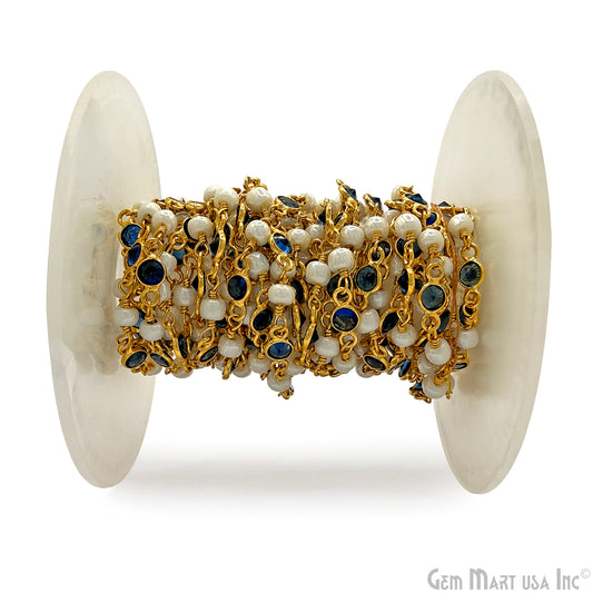 Sapphire & Pearl Beads Gold Plated Round Shape Bezel Link Continuous Connector Chain