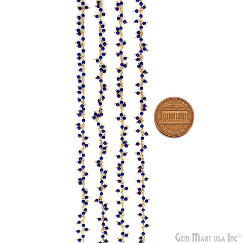 Dark Blue Chalcedony 2-2.5mm Cluster Dangel Gemstone Beaded Gold Wire Wrapped Rosary Chain