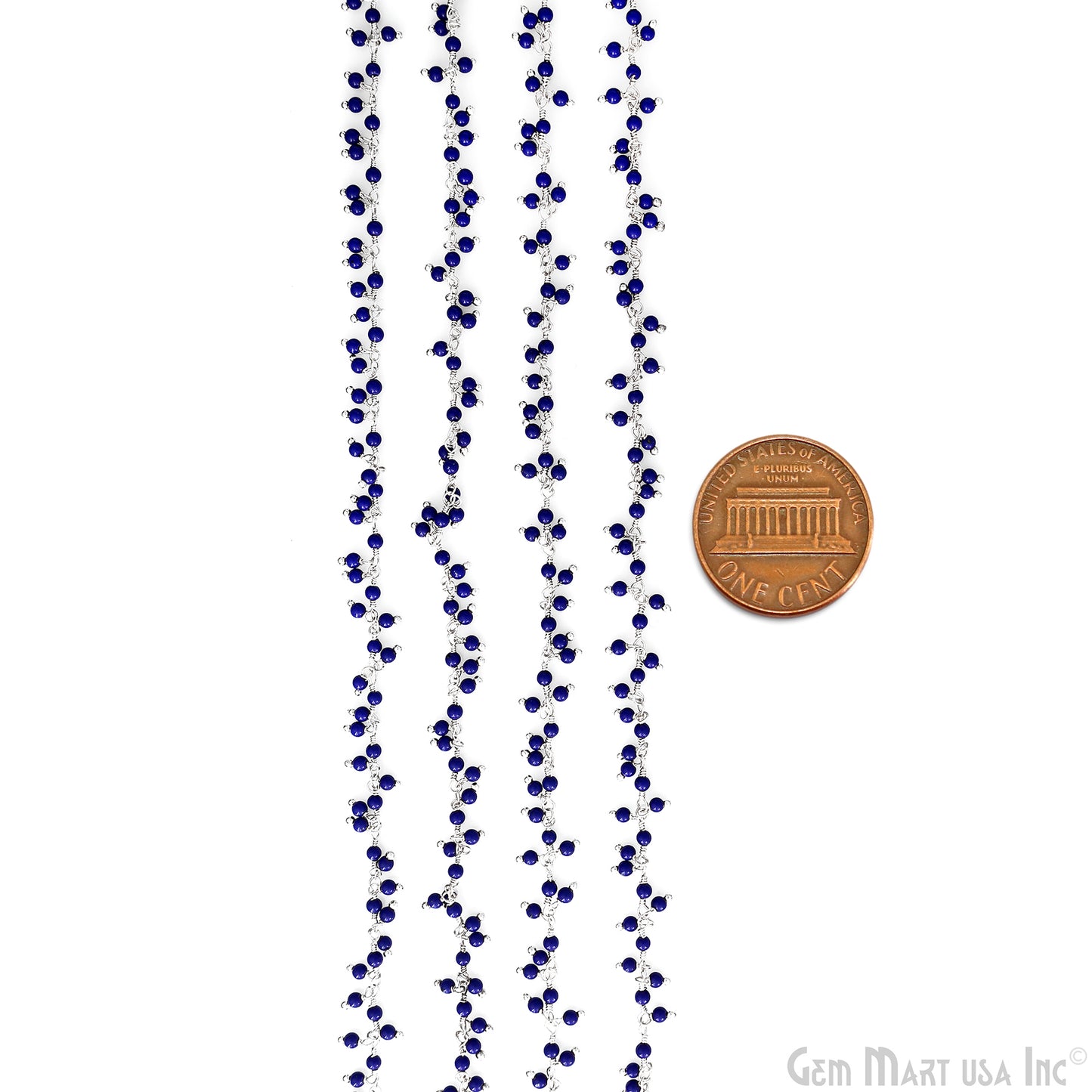 Dark Blue Chalcedony 2-2.5mm Cluster Dangel Gemstone Beaded Silver Wire Wrapped Rosary Chain