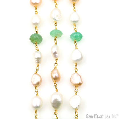 Chrysoprase & Freshwater Pearl Faceted Beads Gold Plated Wire Wrapped Rosary Chain