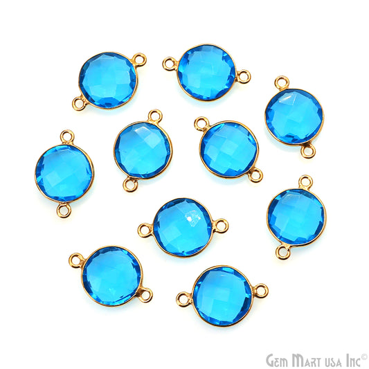 Blue Topaz Bezel Connector Round Shape 24K Gold Plated Double Bail Connector (HB-11523)