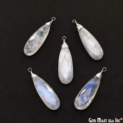 Rainbow Moonstone Pear 37x10mm Silver Wire Wrapped Single Bail Gemstone Connector