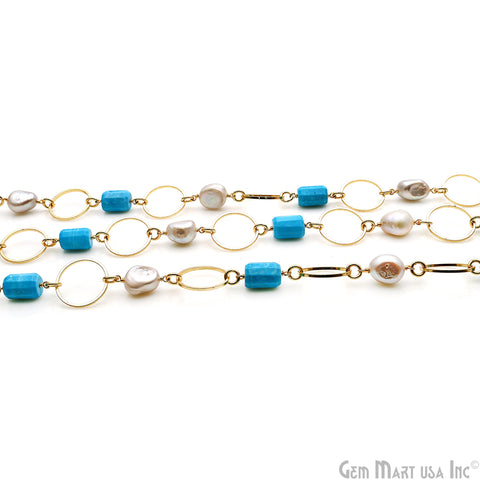 Turquoise & Freshwater Pearl With Gold Round Finding Rosary Chain