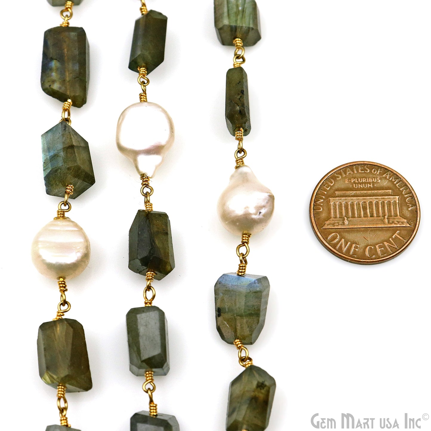 Labradorite With Freshwater Pearl Freeform Shape Gold Plated Wire Wrapped Beads Rosary Chain