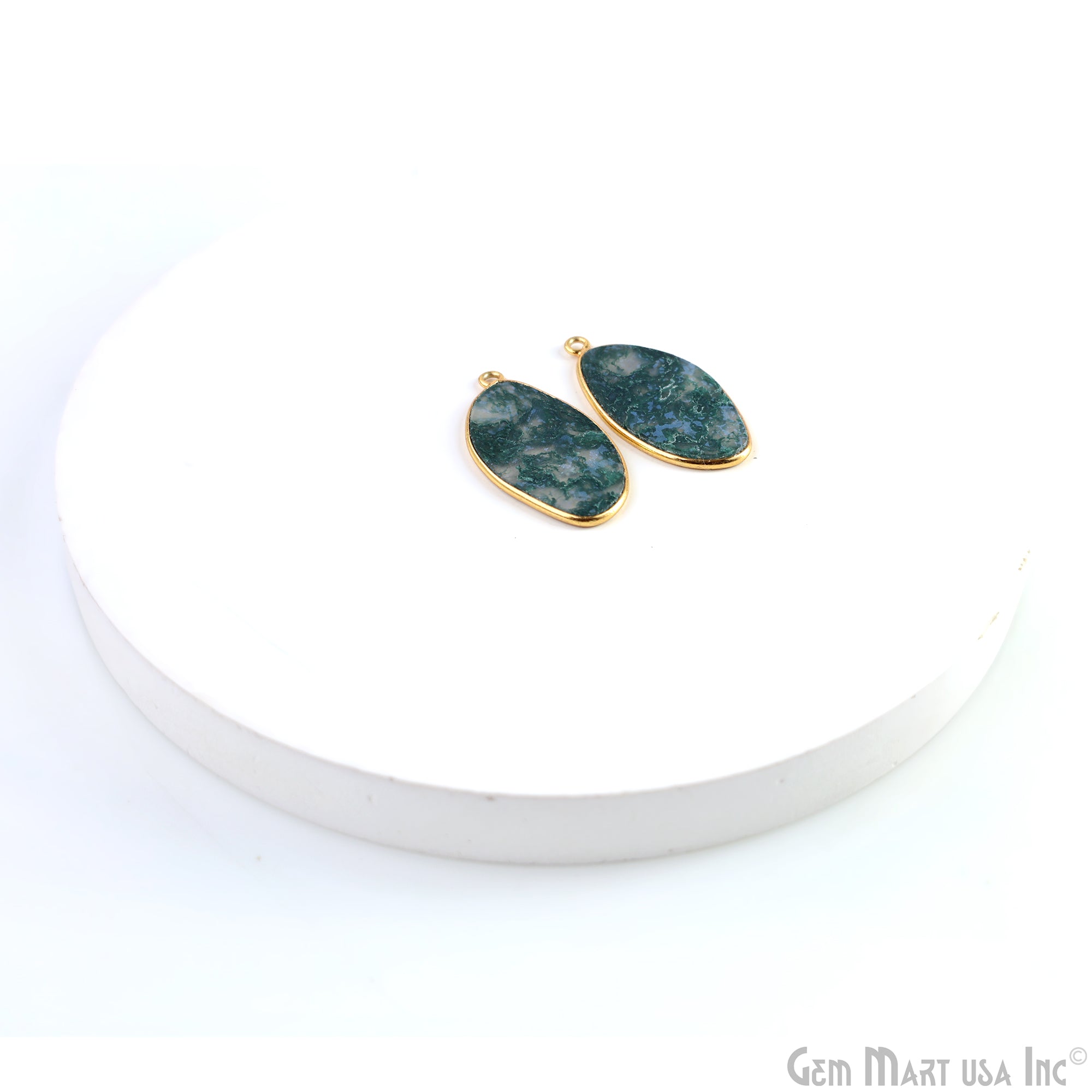 Moss Agate Free Form Gold Plated Single Bail Bezel Smooth Slab Slice Thick Gemstone Connector 31x16mm 1 Pair