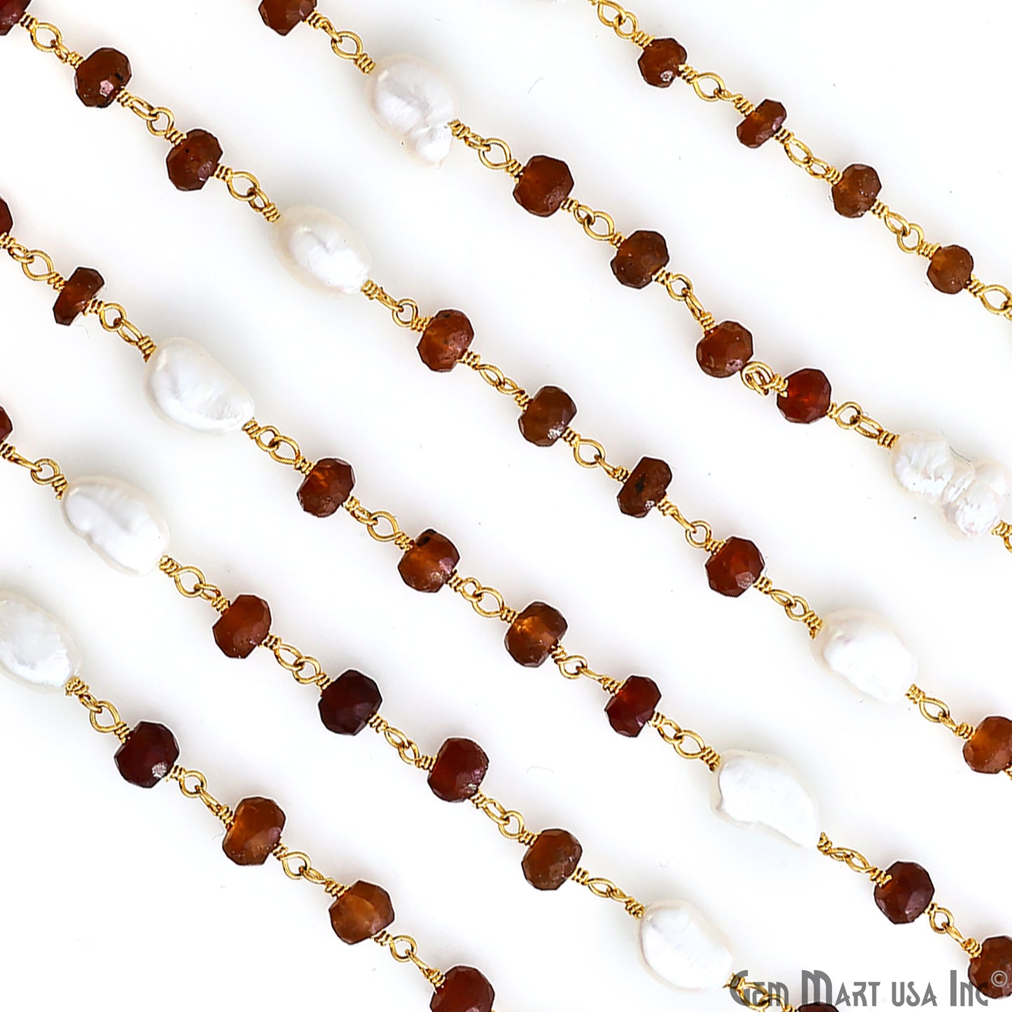 Hessonite 4-5mm & Pearl 8x5mm Beads Gold Plated Rosary Chain