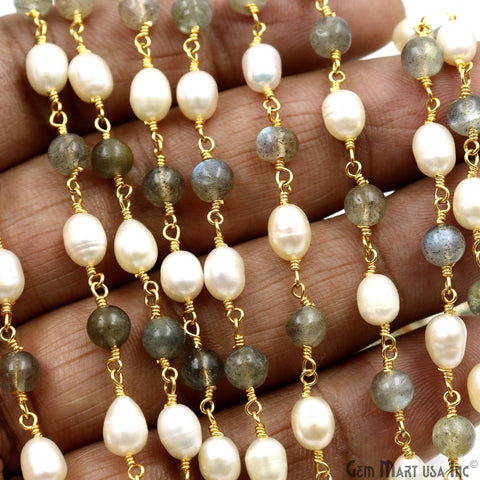 Labradorite Cabochon With Freshwater Pearl Oval Gold Wire Wrapped Rosary Chain