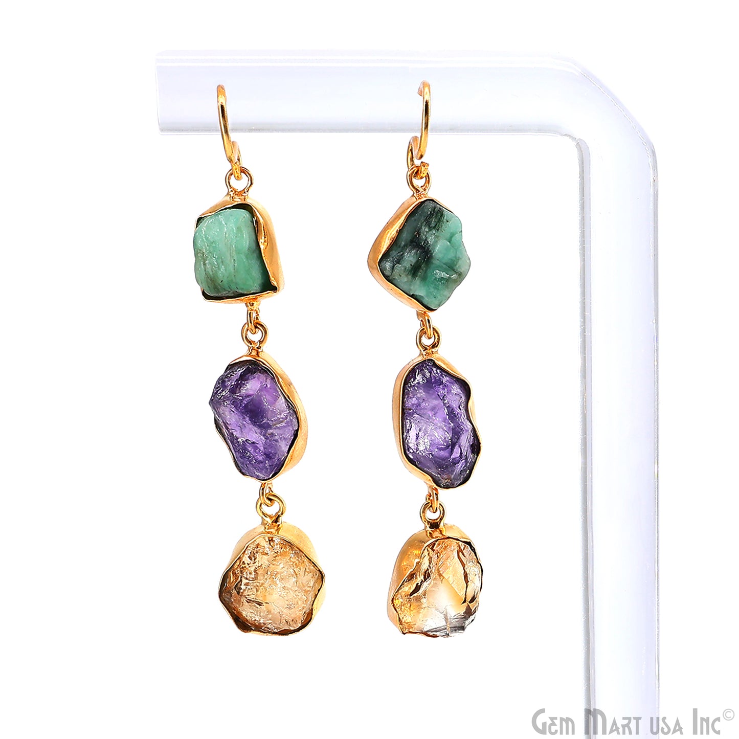 Rough Gemstone Bezel Setting 56x11mm Gold Plated Long Dangle Earring Pair Connectors