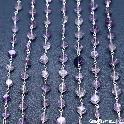 Amethyst Coin Beads 3-4mm Silver Plated wire wrapped Rosary Chain