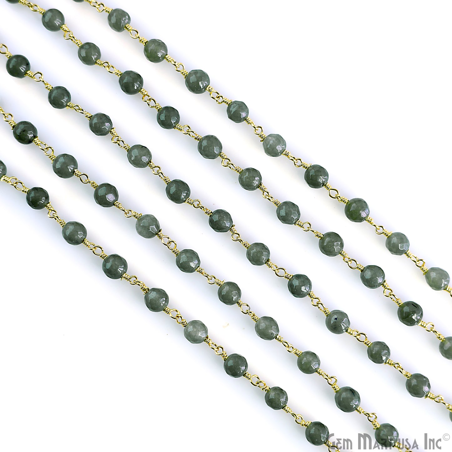 Dark Gray Jade 6mm Round Beads Gold Plated Wire Wrapped Rosary Chain