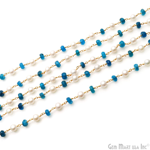Neon Apatite & Freshwater Pearl Stone Beads Gold Wire Wrapped Rosary