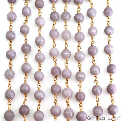 Coated Gray Jade Faceted Beads 6mm Gold Plated Wire Wrapped Rosary Chain