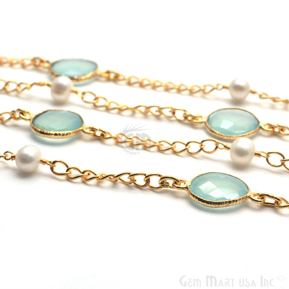 Aqua Chalcedony With Freshwater Pearl 10mm Gold Plated Bezel Connector Chain - GemMartUSA (764195340335)