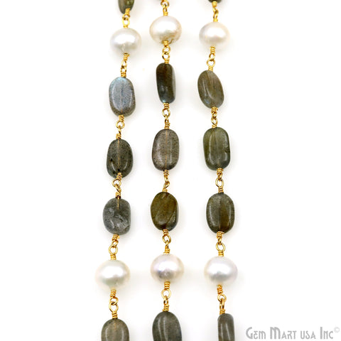 Labradorite Tumble & Freshwater Pearl Gold Plated Wire Wrapped Rosary Chain