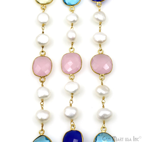 Rough Freshwater Pearl Beads And Multi Stone Faceted Bezel Gold Plated 10-15mm Continuous Connector Chain