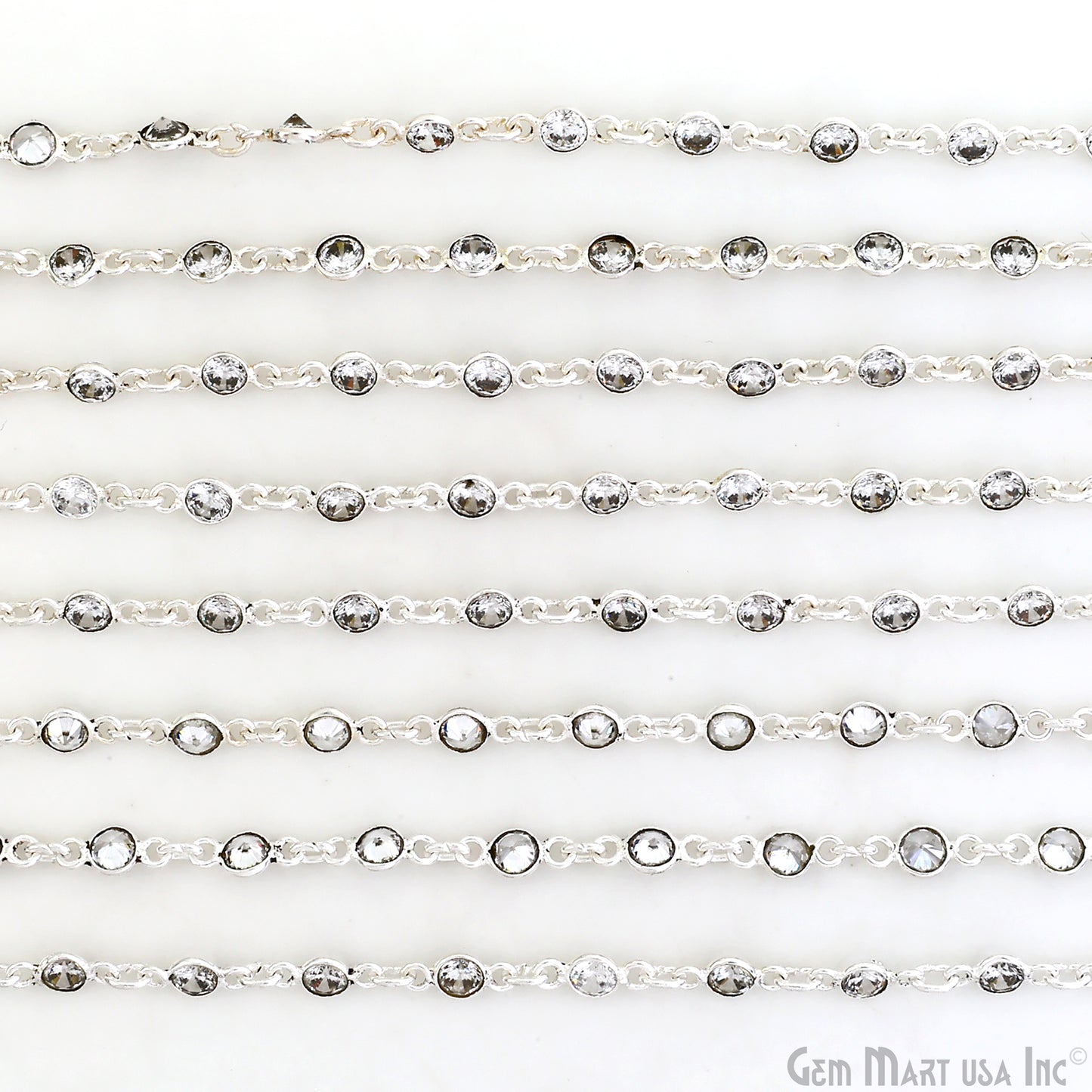 White Zircon 4mm Round Silver Bezel Continuous Connector Chain