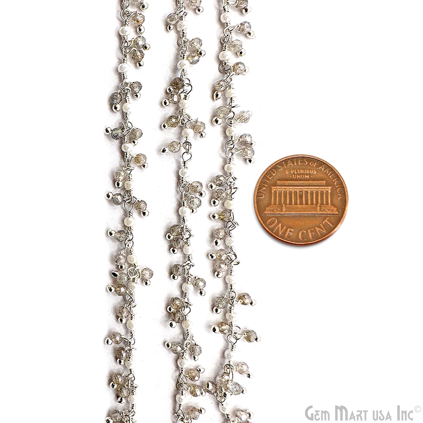 Labradorite & Synthetic Pearl Faceted Beads Silver Plated Wire Wrapped Rosary Chain