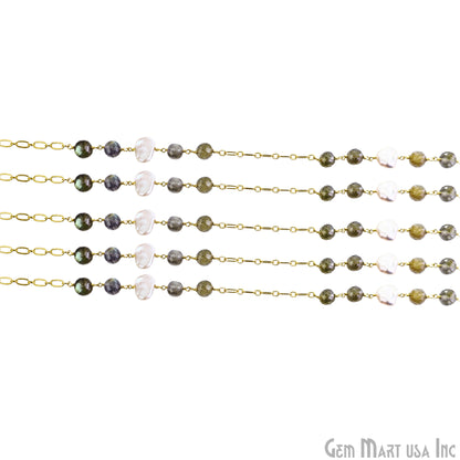 Labradorite & Pearl Round Beads Gold Plated Finding Rosary Chain